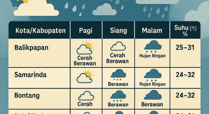 Cuaca Kaltim 11 Agustus 2025: Waspada Hujan Ringan di Beberapa Wilayah